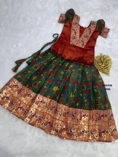 Maroon and Green Kids Lichi Silk Lehenga Choli